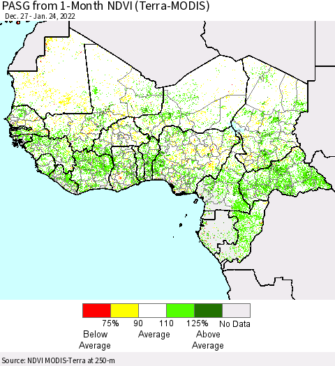 Western Africa PASG from 1-Month NDVI (Terra-MODIS) Thematic Map For 1/17/2022 - 1/24/2022
