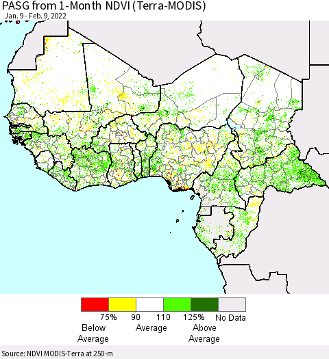 Western Africa PASG from 1-Month NDVI (Terra-MODIS) Thematic Map For 2/2/2022 - 2/9/2022