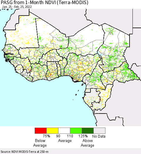 Western Africa PASG from 1-Month NDVI (Terra-MODIS) Thematic Map For 2/18/2022 - 2/25/2022