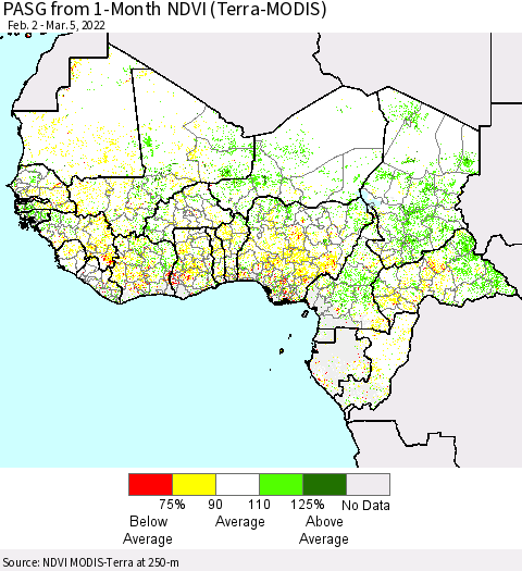 Western Africa PASG from 1-Month NDVI (Terra-MODIS) Thematic Map For 2/26/2022 - 3/5/2022