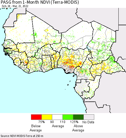 Western Africa PASG from 1-Month NDVI (Terra-MODIS) Thematic Map For 3/14/2022 - 3/21/2022