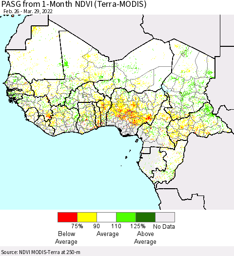 Western Africa PASG from 1-Month NDVI (Terra-MODIS) Thematic Map For 3/22/2022 - 3/29/2022