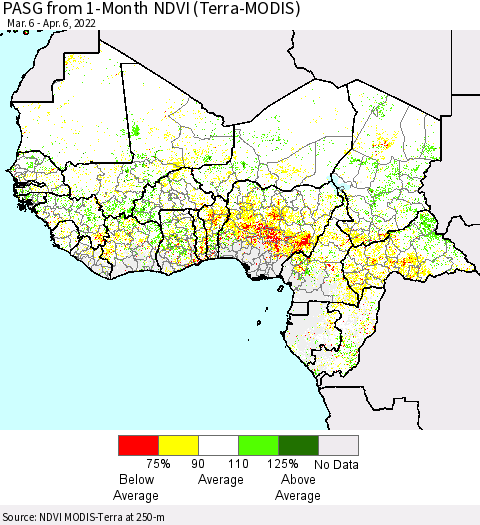 Western Africa PASG from 1-Month NDVI (Terra-MODIS) Thematic Map For 3/30/2022 - 4/6/2022