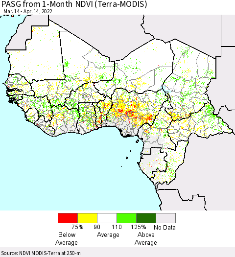 Western Africa PASG from 1-Month NDVI (Terra-MODIS) Thematic Map For 4/7/2022 - 4/14/2022