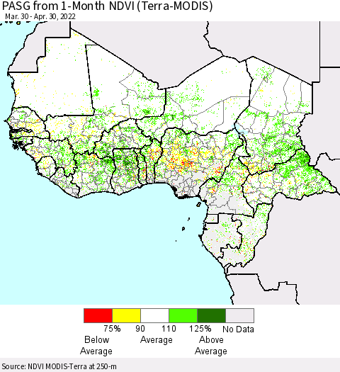Western Africa PASG from 1-Month NDVI (Terra-MODIS) Thematic Map For 4/23/2022 - 4/30/2022
