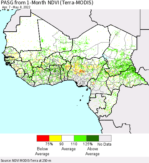 Western Africa PASG from 1-Month NDVI (Terra-MODIS) Thematic Map For 5/1/2022 - 5/8/2022