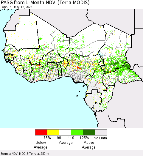 Western Africa PASG from 1-Month NDVI (Terra-MODIS) Thematic Map For 5/9/2022 - 5/16/2022