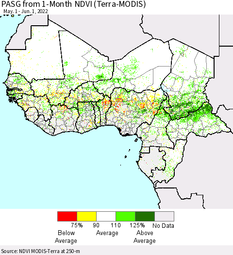 Western Africa PASG from 1-Month NDVI (Terra-MODIS) Thematic Map For 5/25/2022 - 6/1/2022