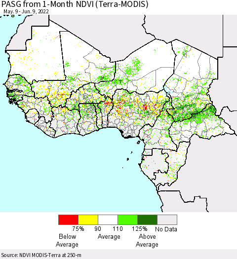 Western Africa PASG from 1-Month NDVI (Terra-MODIS) Thematic Map For 6/2/2022 - 6/9/2022