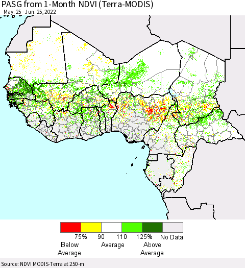 Western Africa PASG from 1-Month NDVI (Terra-MODIS) Thematic Map For 6/18/2022 - 6/25/2022