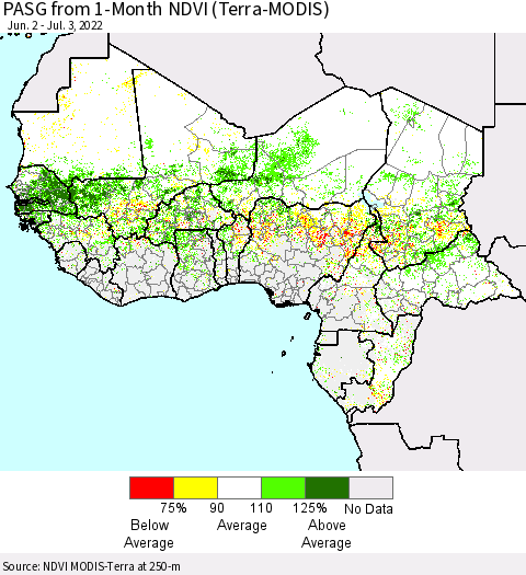 Western Africa PASG from 1-Month NDVI (Terra-MODIS) Thematic Map For 6/26/2022 - 7/3/2022