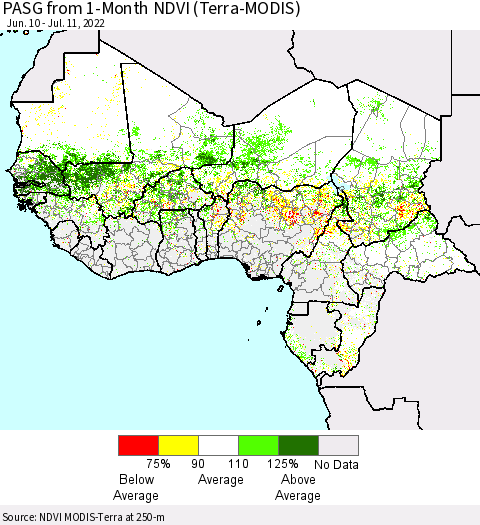 Western Africa PASG from 1-Month NDVI (Terra-MODIS) Thematic Map For 7/4/2022 - 7/11/2022