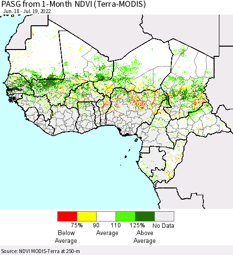 Western Africa PASG from 1-Month NDVI (Terra-MODIS) Thematic Map For 7/12/2022 - 7/19/2022