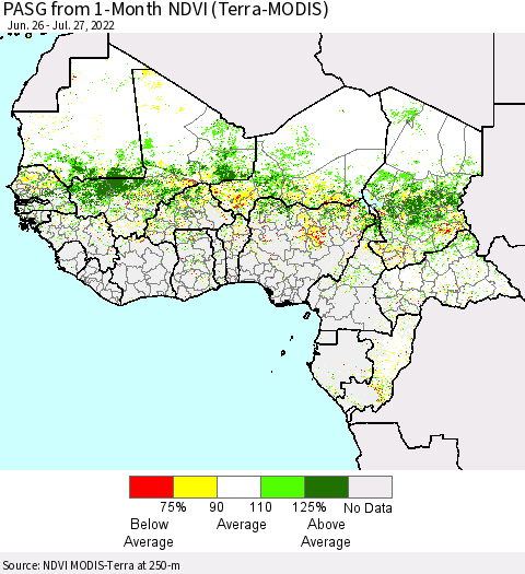 Western Africa PASG from 1-Month NDVI (Terra-MODIS) Thematic Map For 7/20/2022 - 7/27/2022