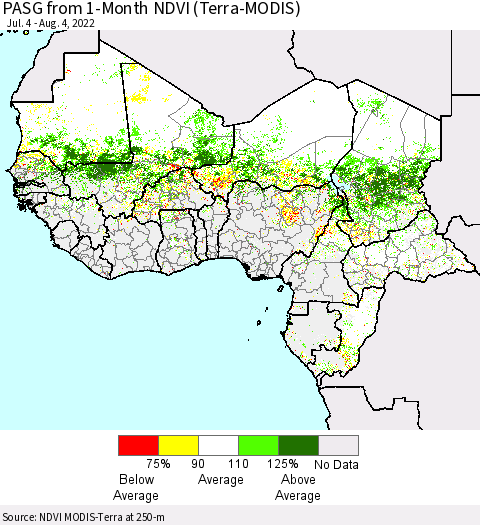 Western Africa PASG from 1-Month NDVI (Terra-MODIS) Thematic Map For 7/28/2022 - 8/4/2022