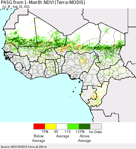 Western Africa PASG from 1-Month NDVI (Terra-MODIS) Thematic Map For 8/21/2022 - 8/28/2022
