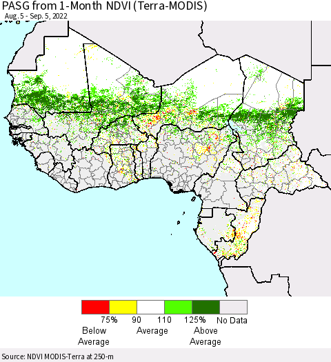 Western Africa PASG from 1-Month NDVI (Terra-MODIS) Thematic Map For 8/29/2022 - 9/5/2022
