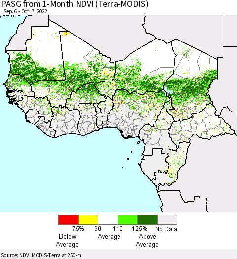 Western Africa PASG from 1-Month NDVI (Terra-MODIS) Thematic Map For 9/30/2022 - 10/7/2022