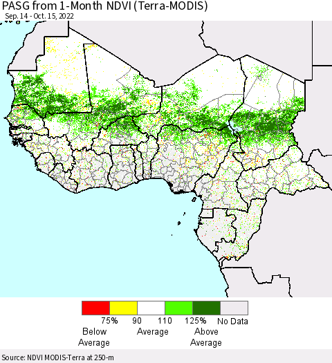 Western Africa PASG from 1-Month NDVI (Terra-MODIS) Thematic Map For 10/8/2022 - 10/15/2022