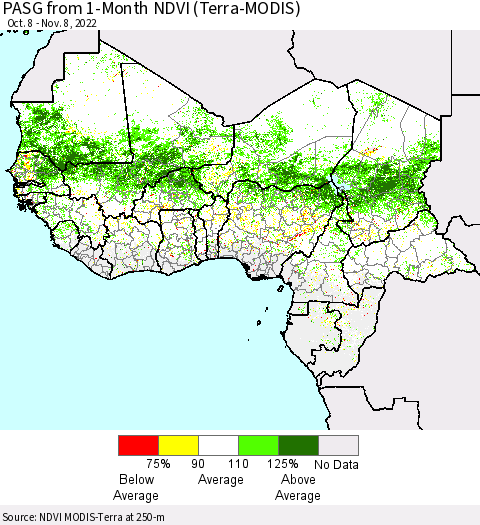 Western Africa PASG from 1-Month NDVI (Terra-MODIS) Thematic Map For 11/1/2022 - 11/8/2022
