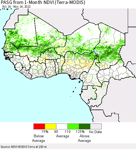 Western Africa PASG from 1-Month NDVI (Terra-MODIS) Thematic Map For 11/9/2022 - 11/16/2022