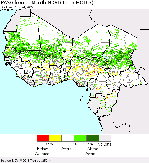 Western Africa PASG from 1-Month NDVI (Terra-MODIS) Thematic Map For 11/17/2022 - 11/24/2022