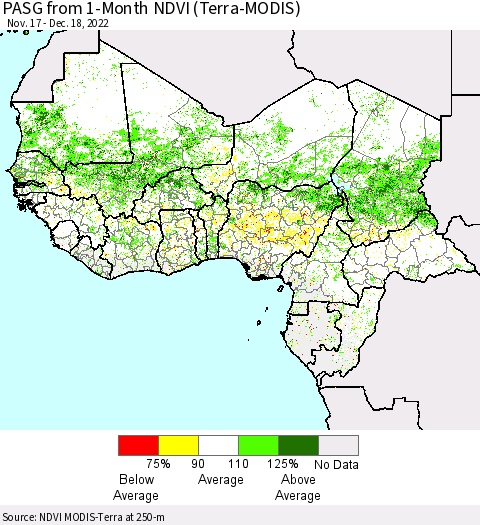 Western Africa PASG from 1-Month NDVI (Terra-MODIS) Thematic Map For 12/11/2022 - 12/18/2022