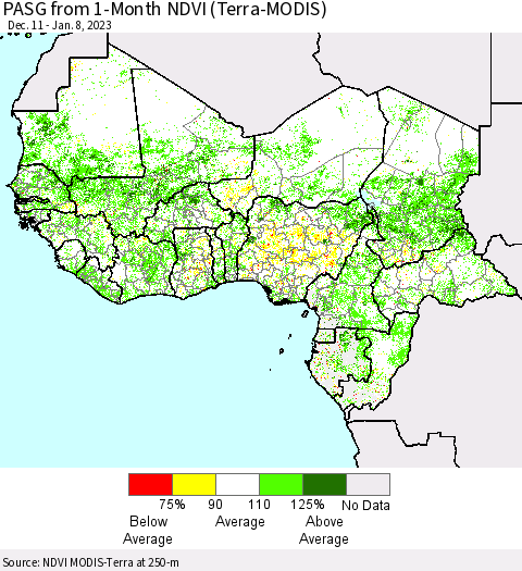 Western Africa PASG from 1-Month NDVI (Terra-MODIS) Thematic Map For 1/1/2023 - 1/8/2023