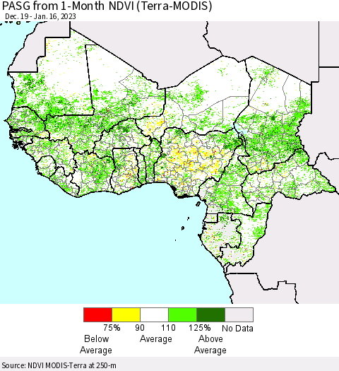 Western Africa PASG from 1-Month NDVI (Terra-MODIS) Thematic Map For 1/9/2023 - 1/16/2023