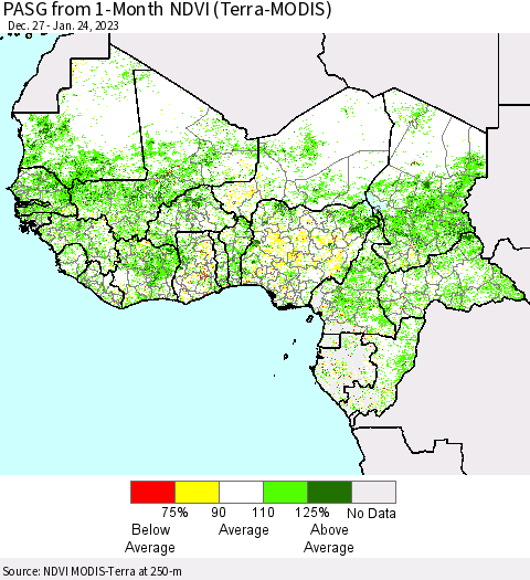 Western Africa PASG from 1-Month NDVI (Terra-MODIS) Thematic Map For 1/17/2023 - 1/24/2023