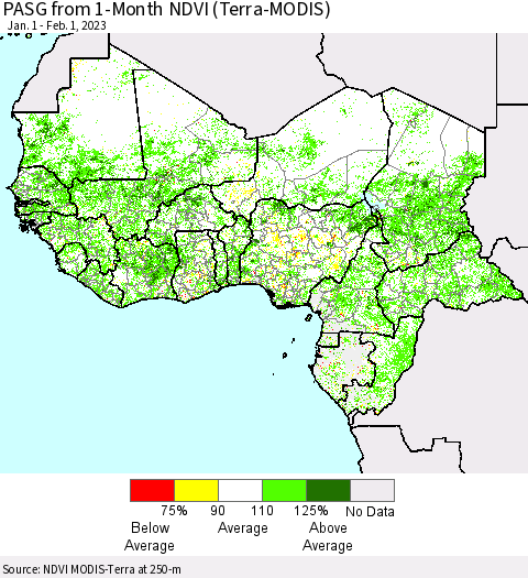 Western Africa PASG from 1-Month NDVI (Terra-MODIS) Thematic Map For 1/25/2023 - 2/1/2023