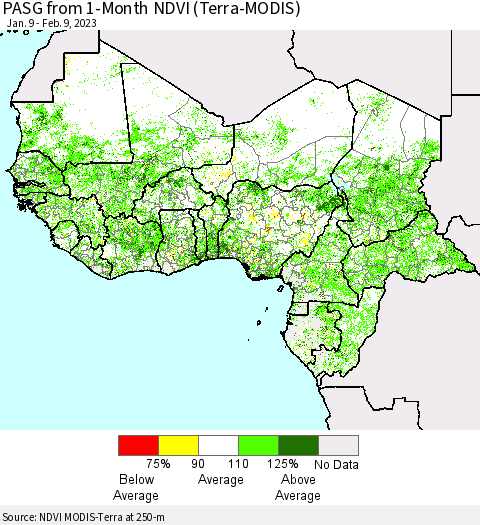 Western Africa PASG from 1-Month NDVI (Terra-MODIS) Thematic Map For 2/2/2023 - 2/9/2023