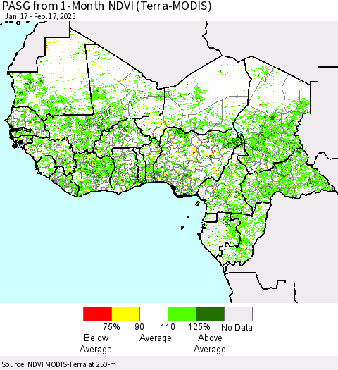 Western Africa PASG from 1-Month NDVI (Terra-MODIS) Thematic Map For 2/10/2023 - 2/17/2023