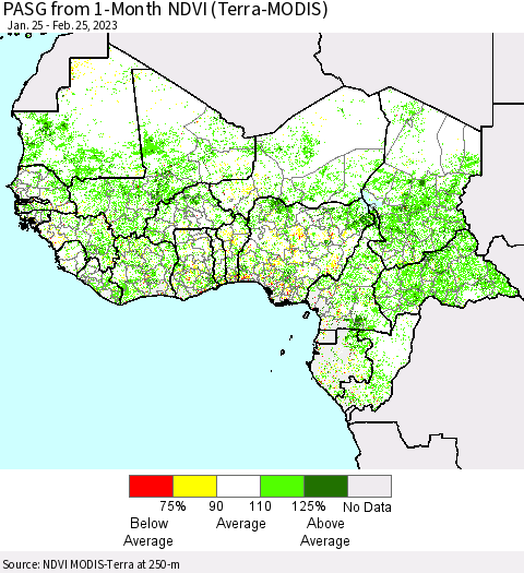 Western Africa PASG from 1-Month NDVI (Terra-MODIS) Thematic Map For 2/18/2023 - 2/25/2023