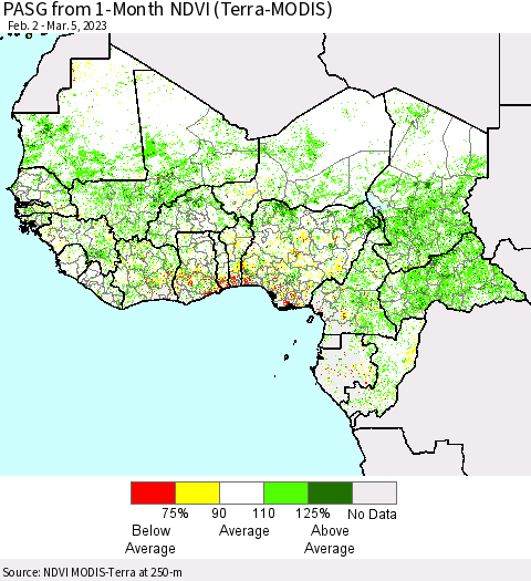 Western Africa PASG from 1-Month NDVI (Terra-MODIS) Thematic Map For 2/26/2023 - 3/5/2023