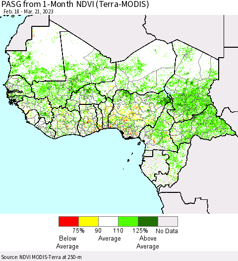 Western Africa PASG from 1-Month NDVI (Terra-MODIS) Thematic Map For 3/14/2023 - 3/21/2023