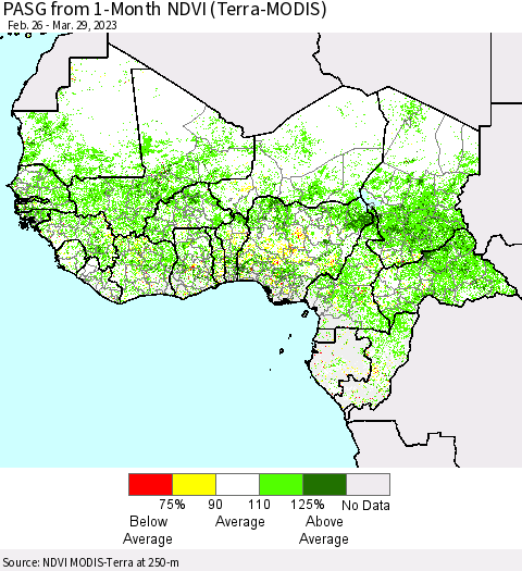 Western Africa PASG from 1-Month NDVI (Terra-MODIS) Thematic Map For 3/22/2023 - 3/29/2023