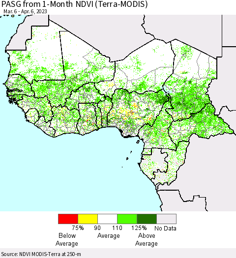 Western Africa PASG from 1-Month NDVI (Terra-MODIS) Thematic Map For 3/30/2023 - 4/6/2023
