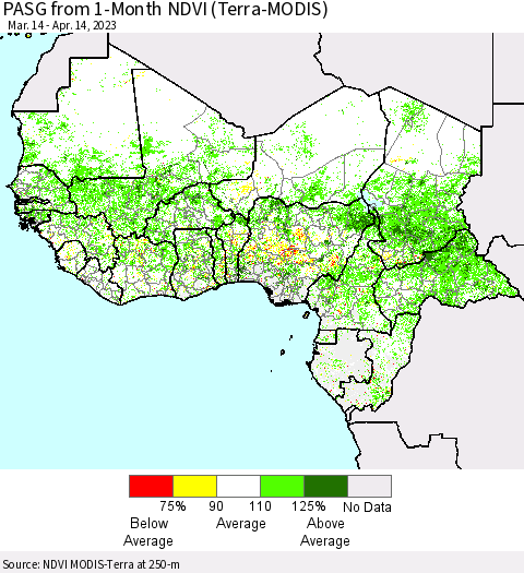 Western Africa PASG from 1-Month NDVI (Terra-MODIS) Thematic Map For 4/7/2023 - 4/14/2023