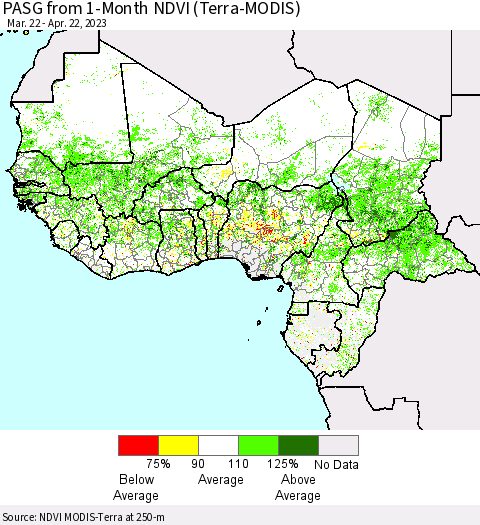 Western Africa PASG from 1-Month NDVI (Terra-MODIS) Thematic Map For 4/15/2023 - 4/22/2023