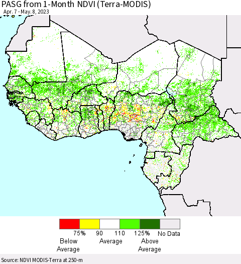 Western Africa PASG from 1-Month NDVI (Terra-MODIS) Thematic Map For 5/1/2023 - 5/8/2023