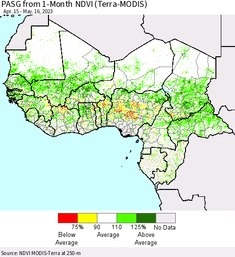 Western Africa PASG from 1-Month NDVI (Terra-MODIS) Thematic Map For 5/9/2023 - 5/16/2023