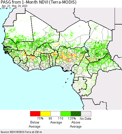 Western Africa PASG from 1-Month NDVI (Terra-MODIS) Thematic Map For 5/17/2023 - 5/24/2023