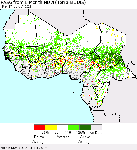 Western Africa PASG from 1-Month NDVI (Terra-MODIS) Thematic Map For 6/10/2023 - 6/17/2023