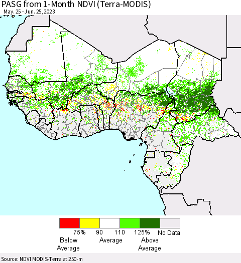 Western Africa PASG from 1-Month NDVI (Terra-MODIS) Thematic Map For 6/18/2023 - 6/25/2023