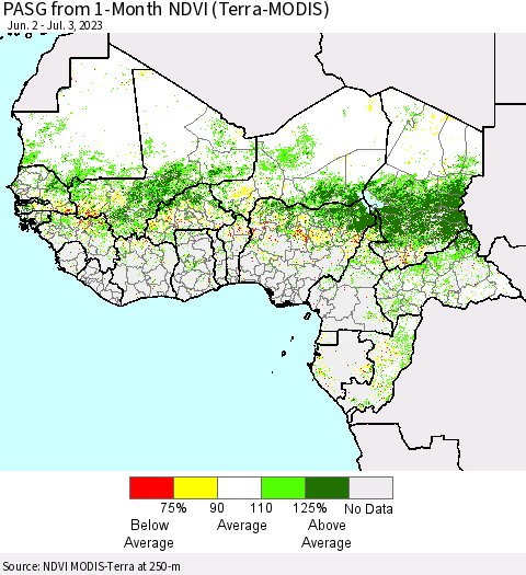 Western Africa PASG from 1-Month NDVI (Terra-MODIS) Thematic Map For 6/26/2023 - 7/3/2023