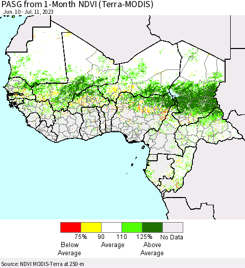Western Africa PASG from 1-Month NDVI (Terra-MODIS) Thematic Map For 7/4/2023 - 7/11/2023