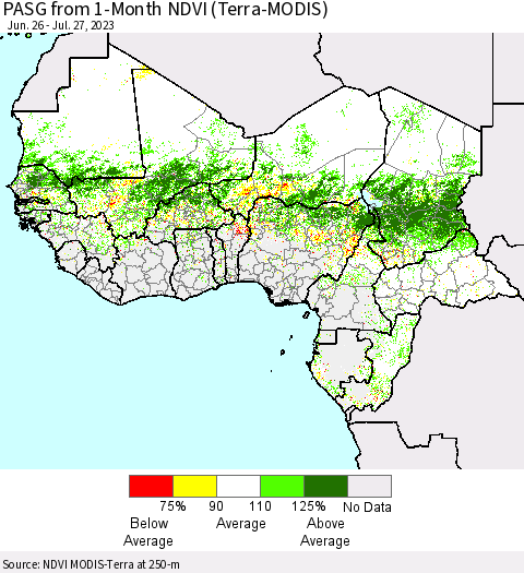 Western Africa PASG from 1-Month NDVI (Terra-MODIS) Thematic Map For 7/20/2023 - 7/27/2023