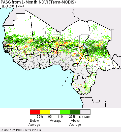 Western Africa PASG from 1-Month NDVI (Terra-MODIS) Thematic Map For 7/28/2023 - 8/4/2023