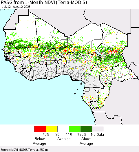 Western Africa PASG from 1-Month NDVI (Terra-MODIS) Thematic Map For 8/5/2023 - 8/12/2023